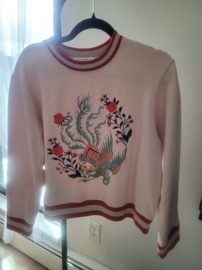 Sandro Pink Crewneck Sweater with Embroidered Dragon & Floral Motif